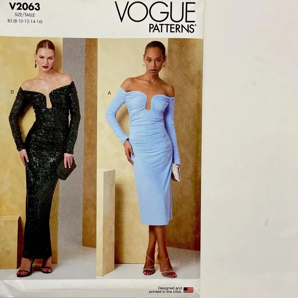 Pattern Misses Sz 8-16 B5 Ruched Off-Shoulder Gown Vogue V2063 New/Uncut